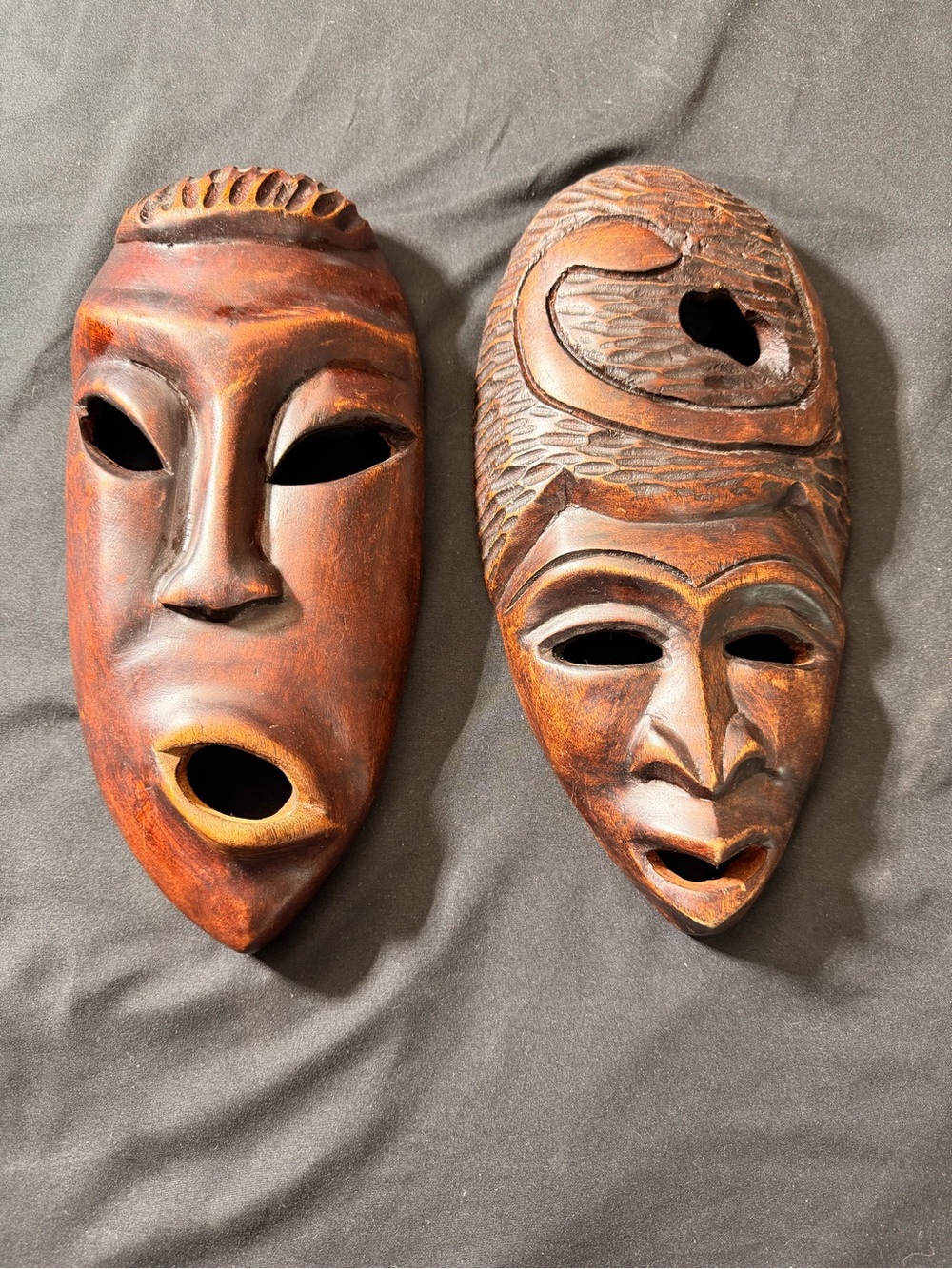 Hand-Carved Wooden Mask Pair in Rich Brown